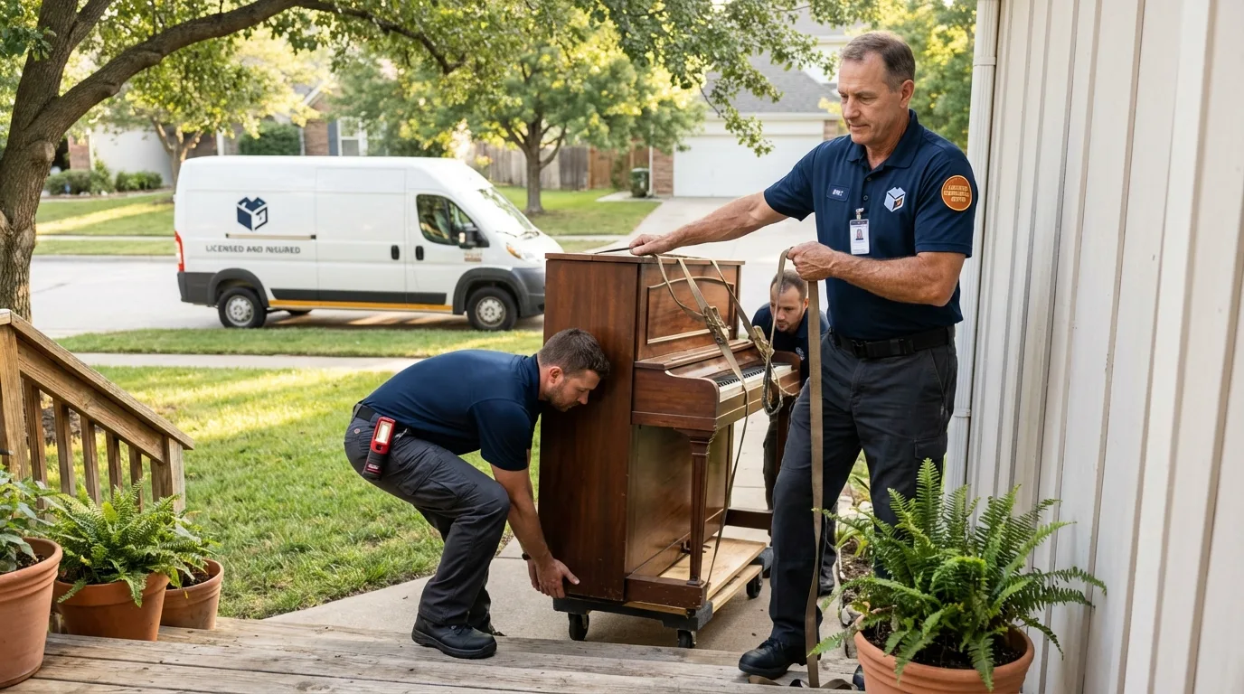 Licensed piano movers securing grand piano in Corsicana, TX