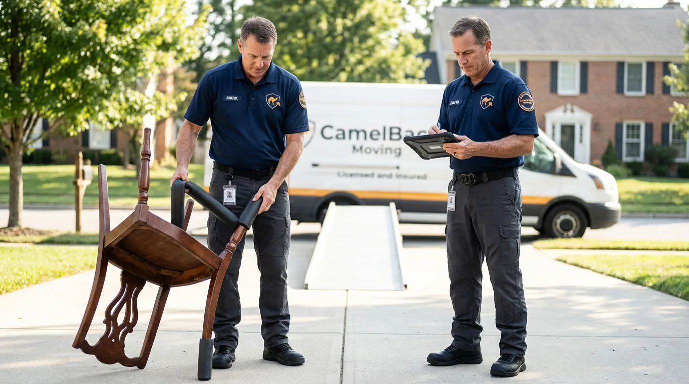Movers inspecting furniture for damage prevention before loading in Corsicana, TX