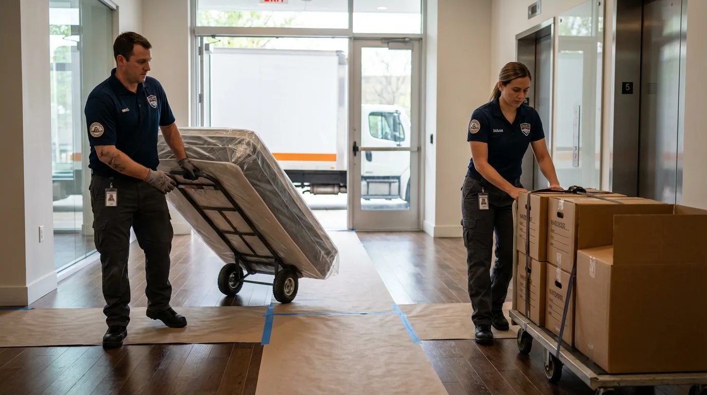Professional apartment movers loading elevator in Corsicana, TX