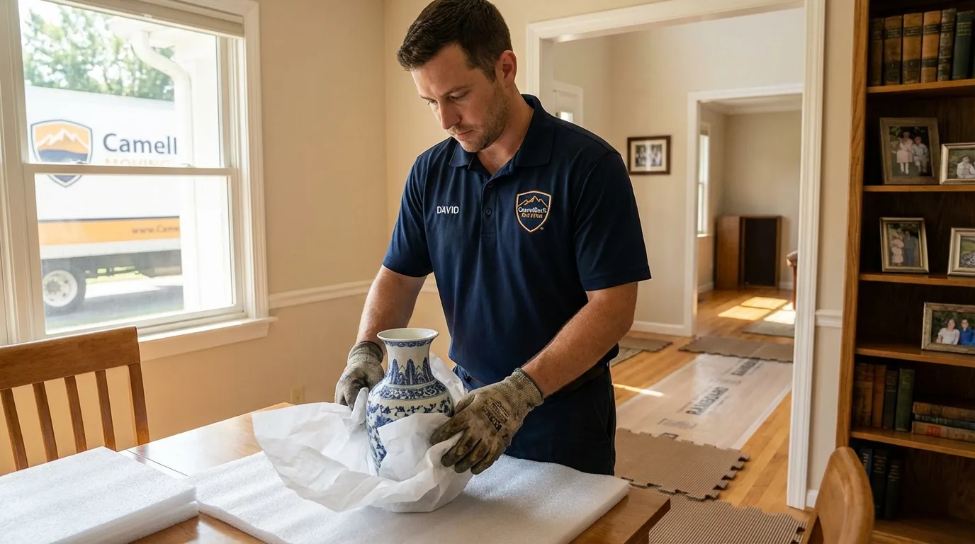 Professional crew carefully wrapping antique vase for senior downsizing move in Corsicana, TX