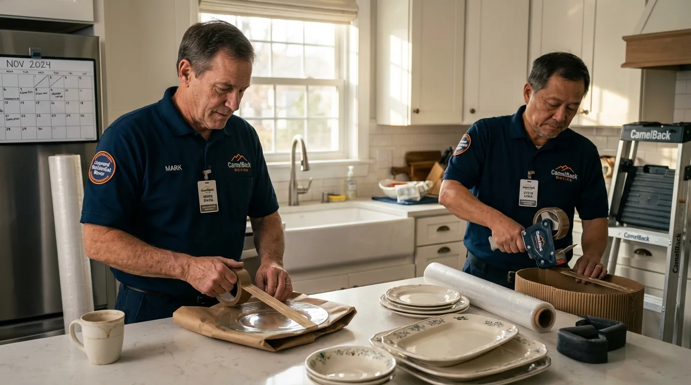 Professional crew packing kitchen dishware in Corsicana, TX